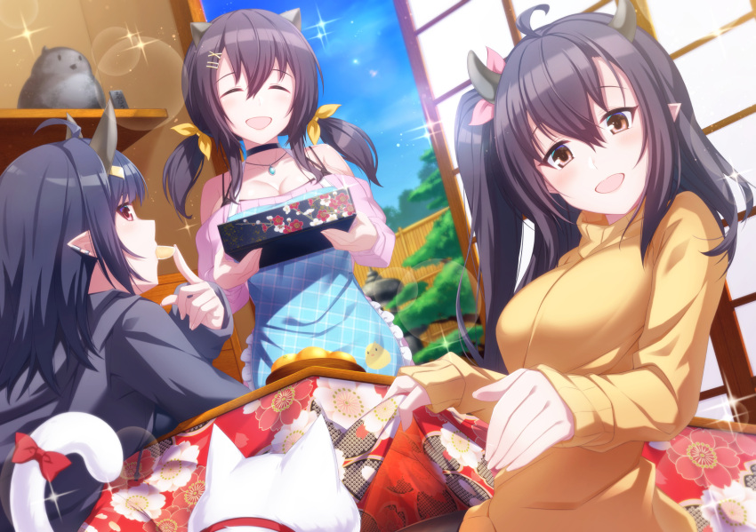 3girls abukuma_(azur_lane) ahoge apron azur_lane beckoning black_hair black_shirt bow brown_eyes cat choker closed_eyes collarbone earrings eating food fruit hair_between_eyes hair_ornament hairclip highres horns isuzu_(azur_lane) jewelry ken_ill kotatsu long_hair long_sleeves looking_at_viewer mandarin_orange multiple_girls nagara_(azur_lane) necklace one_side_up open_mouth pink_shirt pointy_ears red_eyes shirt sleeves_past_wrists sparkle table tail tail_bow twintails white_cat yellow_shirt