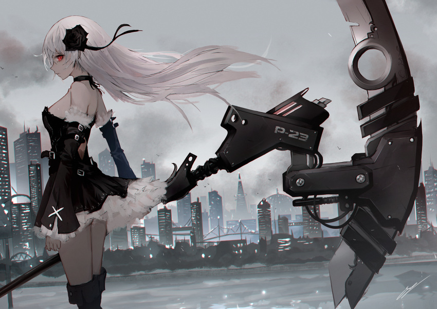 1girl arms_at_sides bangs black_choker black_dress black_footwear boots breasts buckle choker city closed_mouth clouds cloudy_sky commentary day detached_sleeves dress erospanda expressionless floating_hair frilled_dress frilled_sleeves frills from_side hair_ornament highres holding holding_weapon huge_weapon long_hair long_sleeves original outdoors profile red_eyes river scythe sideboob signature silver_hair sky solo strapless strapless_dress thigh-highs thigh_boots weapon wind