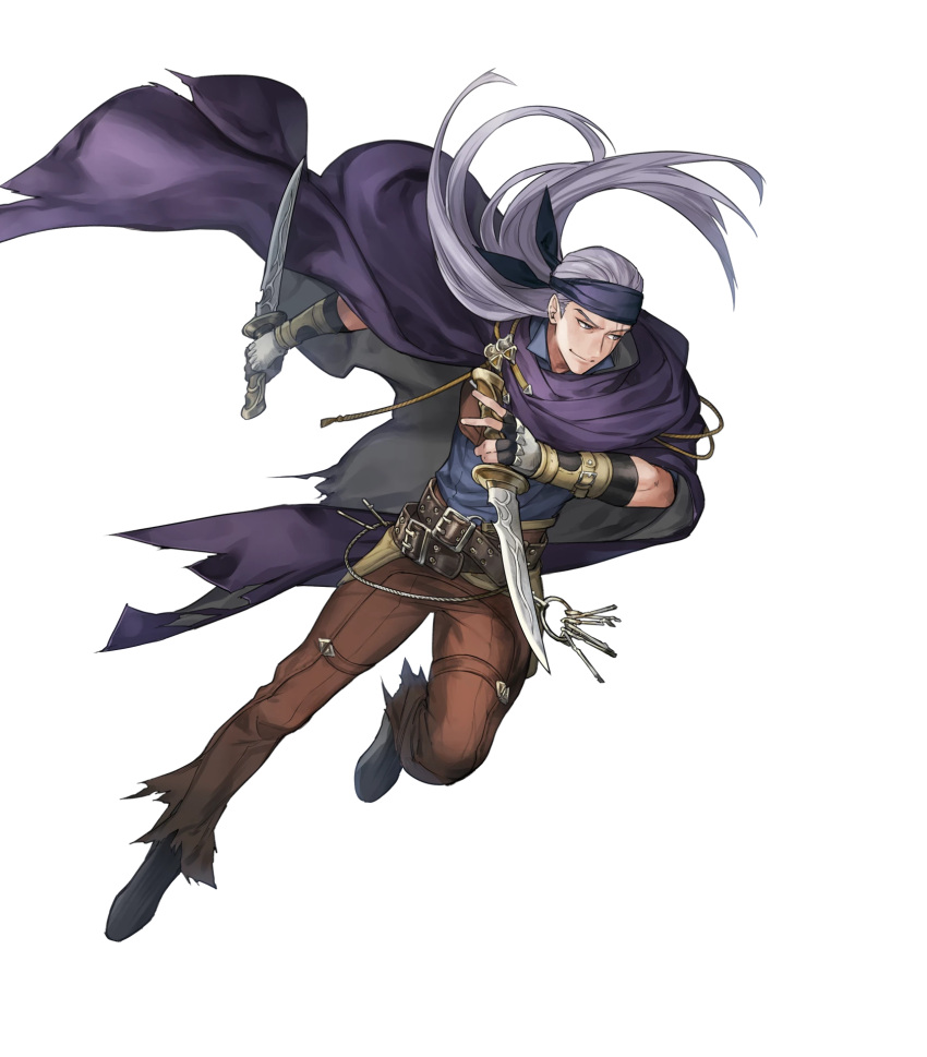 1boy belt boots cape dagger fingerless_gloves fire_emblem fire_emblem:_rekka_no_ken fire_emblem_heroes full_body gloves headband highres key legault long_hair male_focus nintendo official_art p-nekor purple_hair scar solo torn_clothes transparent_background violet_eyes weapon