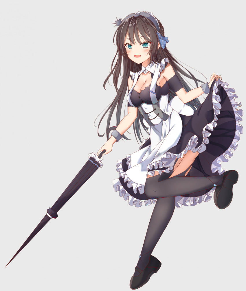 1girl :d apron aqua_eyes ass azur_lane bangs bare_shoulders black_dress black_footwear black_legwear blue_ribbon blush bracelet breasts brown_hair cleavage collarbone collared_dress dress eyebrows_visible_through_hair frilled_apron frilled_dress frills full_body garter_straps grey_background hair_ribbon half_updo headdress highres holding holding_umbrella jewelry leg_up loli_ta1582 long_hair looking_at_viewer maid maid_apron mary_janes medium_breasts newcastle_(azur_lane) open_mouth ribbon shoes sidelocks simple_background skirt_hold smile solo thigh-highs umbrella white_apron