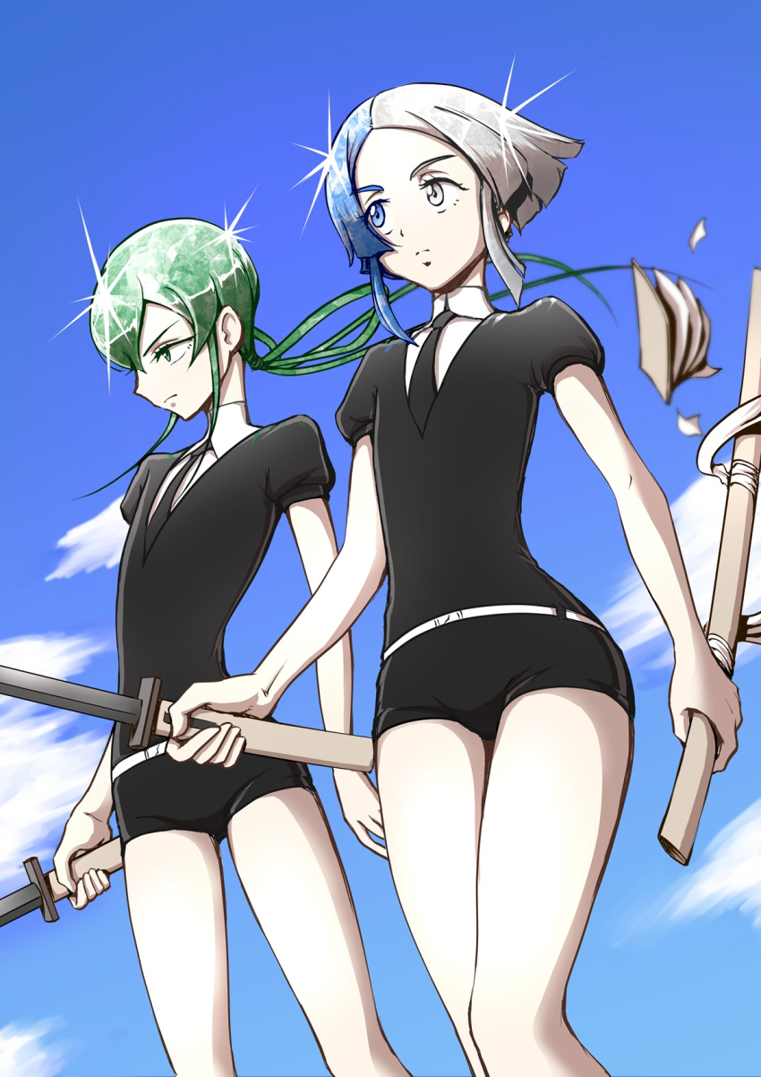 2others androgynous black_neckwear black_shorts blue_eyes blue_hair blue_sky closed_mouth collared_shirt crystal_hair euclase_(houseki_no_kuni) gem_uniform_(houseki_no_kuni) gleam green_eyes green_hair heterochromia highres hokuroryuseigun houseki_no_kuni jade_(houseki_no_kuni) long_hair multicolored_hair multiple_others necktie puffy_short_sleeves puffy_sleeves shirt short_hair short_shorts short_sleeves shorts sky