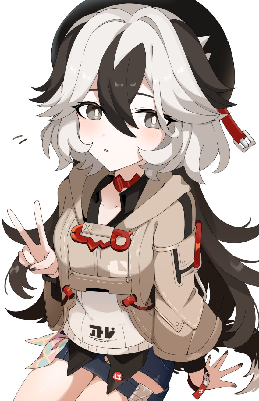 1girl awe_(adorableduckyy) beret black_hair black_headwear black_shirt blue_skirt blush brown_jacket collarbone collared_shirt commentary_request coralie_(honkai_impact) grey_eyes grey_hair grey_nails hair_between_eyes hand_up hat highres honkai_(series) honkai_impact_3rd jacket looking_at_viewer multicolored_hair nail_polish parted_lips shirt simple_background sitting skirt solo sweater_vest two-tone_hair v white_background