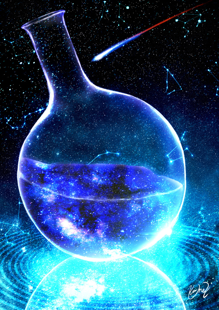 absurdres commentary_request constellation highres kumeki_(kk4615) lens_flare no_humans original reflection ripples round-bottom_flask shooting_star signature sky star_(sky) starry_sky still_life water