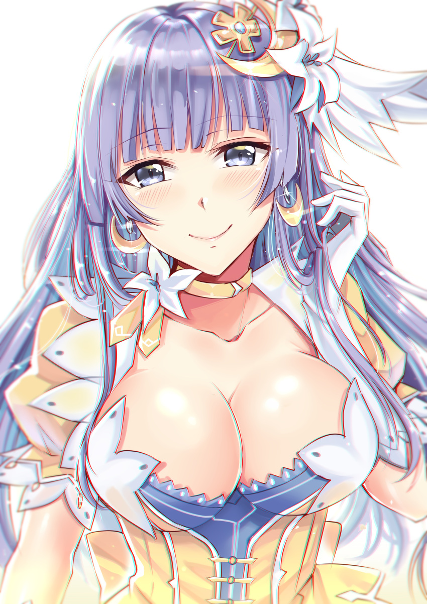 1girl absurdres blush breasts choker cleavage collarbone crescent crescent_earrings crescent_hair_ornament date_a_live earrings elbow_gloves flower gloves gu_li hair_flower hair_ornament hand_up highres idol izayoi_miku jewelry large_breasts lavender_eyes lavender_hair long_hair looking_at_viewer puffy_short_sleeves puffy_sleeves short_sleeves simple_background smile solo upper_body white_background white_gloves