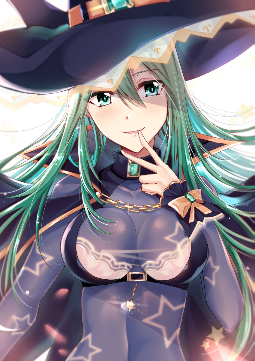 1girl absurdres blush bodysuit bow breasts cape covered_navel date_a_live emerald_(gemstone) finger_to_mouth green_eyes green_hair gu_li hair_between_eyes hat highres large_breasts long_hair looking_at_viewer natsumi_(date_a_live) simple_background skin_tight smile solo star star_print upper_body very_long_hair white_background witch witch_hat