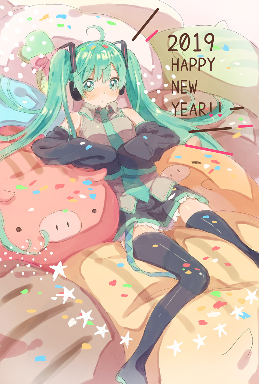 +++ 1girl 2019 animal animal_pillow arms_at_sides bare_shoulders blue_eyes blue_hair blush colorful dated detached_sleeves expressionless eyebrows_visible_through_hair eyelashes full_body grey_shirt happy_new_year hatsune_miku highres long_hair looking_away lying new_year pig pillow pink_ribbon polka_dot ribbon shirt skirt sleeveless sleeveless_shirt solo spread_legs star thigh-highs very_long_hair vocaloid yuya_kyoro