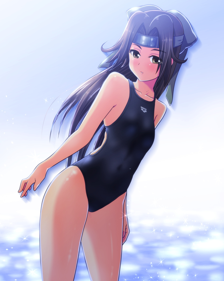 1girl absurdres arena_(company) beach blue_sky breasts brown_eyes brown_hair clouds cloudy_sky collarbone competition_school_swimsuit competition_swimsuit cowboy_shot dutch_angle eyebrows_visible_through_hair forehead_protector graphite_(medium) hair_intakes headband highres jintsuu_(kantai_collection) kantai_collection light_particles long_hair mechanical_pencil one-piece_swimsuit pencil reflection remodel_(kantai_collection) sky small_breasts solo standing sunlight swimsuit tennouji_masamichi traditional_media