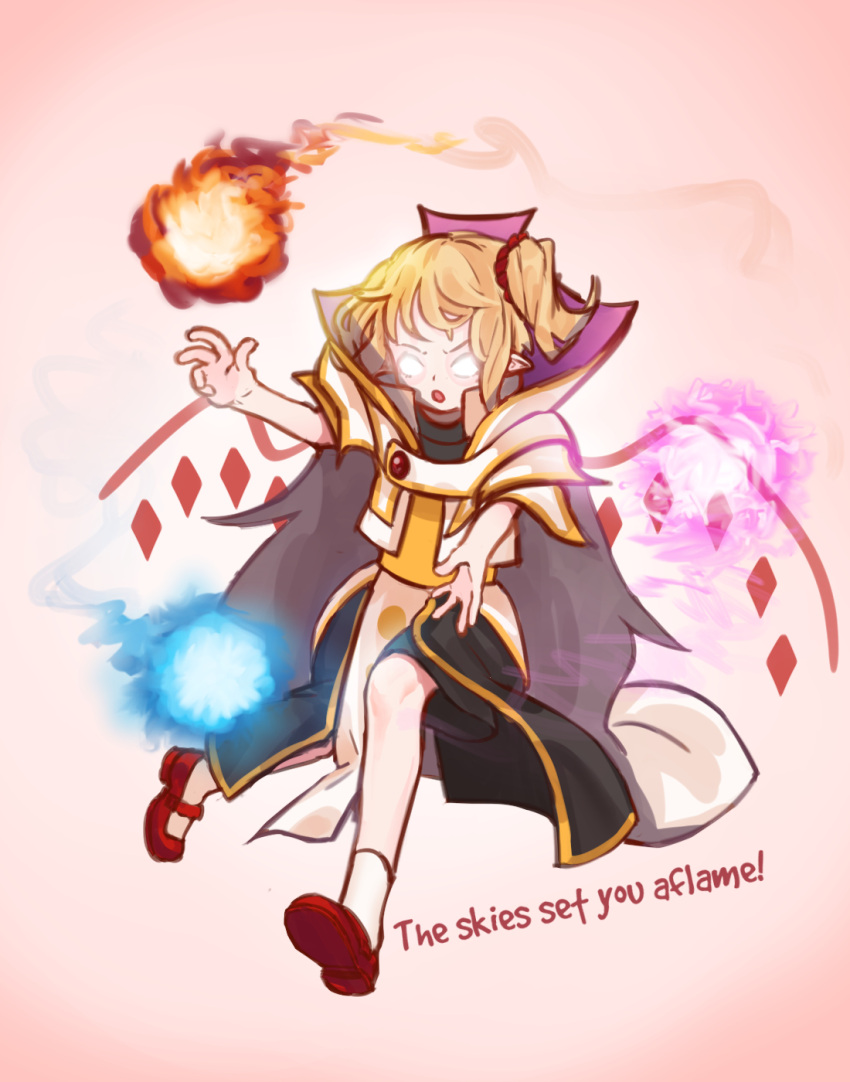 bare_legs blonde_hair cosplay defense_of_the_ancients english_text fireball flandre_scarlet glowing glowing_eyes highres invoker_(dota) invoker_(dota)_(cosplay) mary_janes no_pupils pointy_ears red_footwear shoes short_hair tagme touhou white_eyes wings yoruny