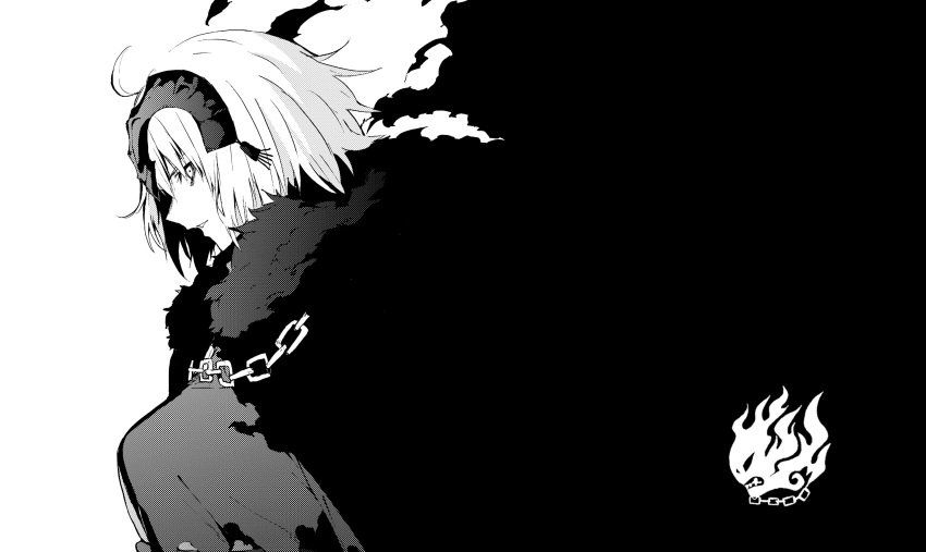 1girl ahoge breasts chains darkness fate/grand_order fate_(series) fur_collar greyscale highres jeanne_d'arc_(alter)_(fate) jeanne_d'arc_(fate)_(all) large_breasts looking_at_viewer monochrome profile short_hair tsukamoto_minori