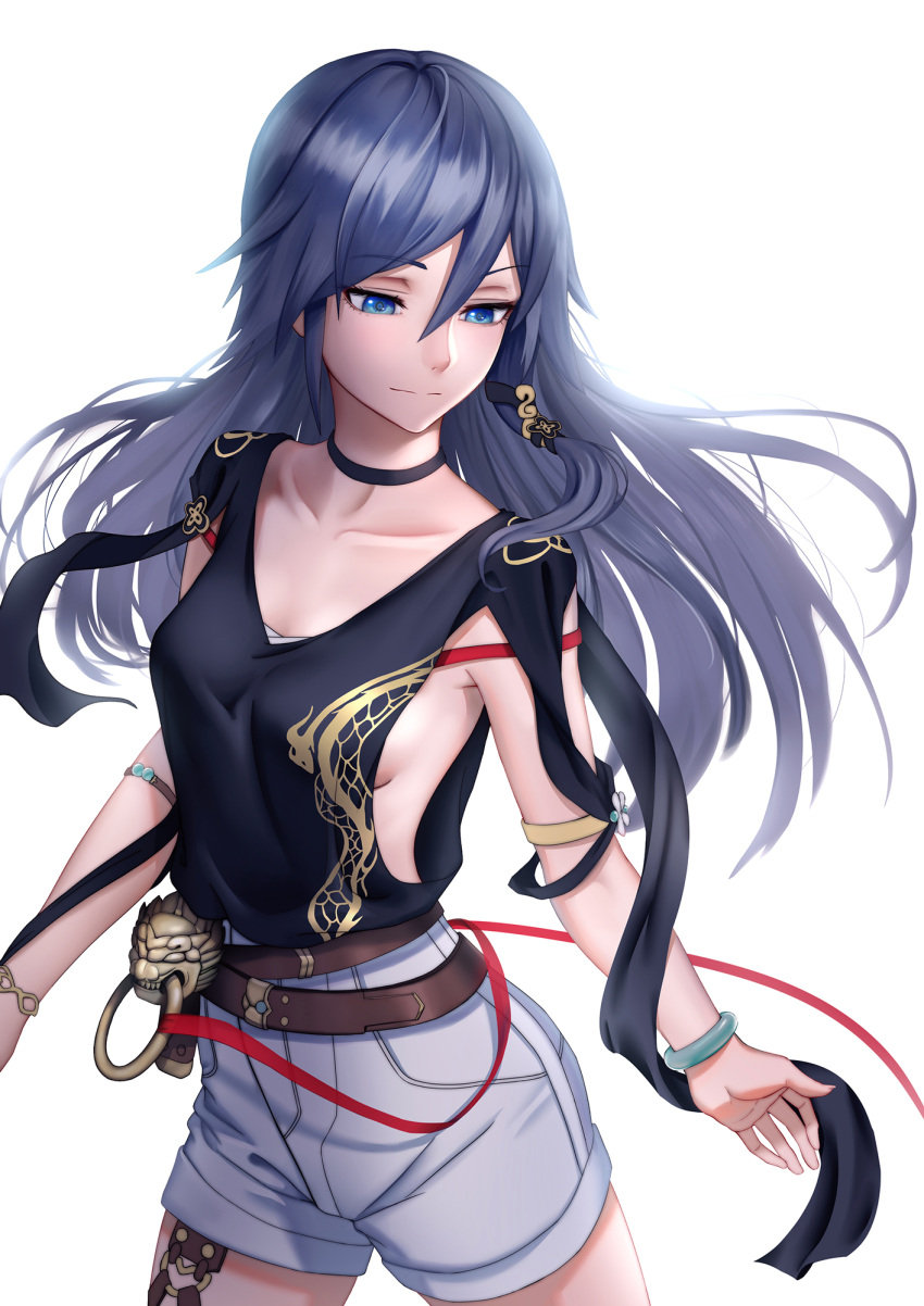 1girl bangle bangs belt black_shirt blue_eyes blue_hair blush bracelet breasts choker collarbone eyebrows_visible_through_hair floating_hair freze fu_hua_(honkai_impact) hair_between_eyes hair_ornament hair_ribbon highres honkai_(series) honkai_impact_3 jewelry long_hair looking_down medium_breasts multiple_belts ribbon shirt shorts side_cutout sideboob simple_background smile solo tress_ribbon very_long_hair white_background white_shorts