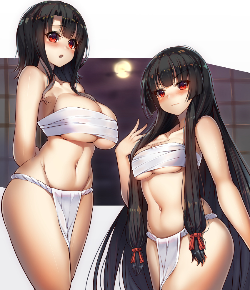 2girls absurdres black_hair blush breasts closed_mouth hair_ribbon highres isokaze_(kantai_collection) kantai_collection large_breasts long_hair looking_at_viewer moon multiple_girls navel open_mouth red_eyes ribbon short_hair takao_(kantai_collection) tress_ribbon yamanokami_eaka