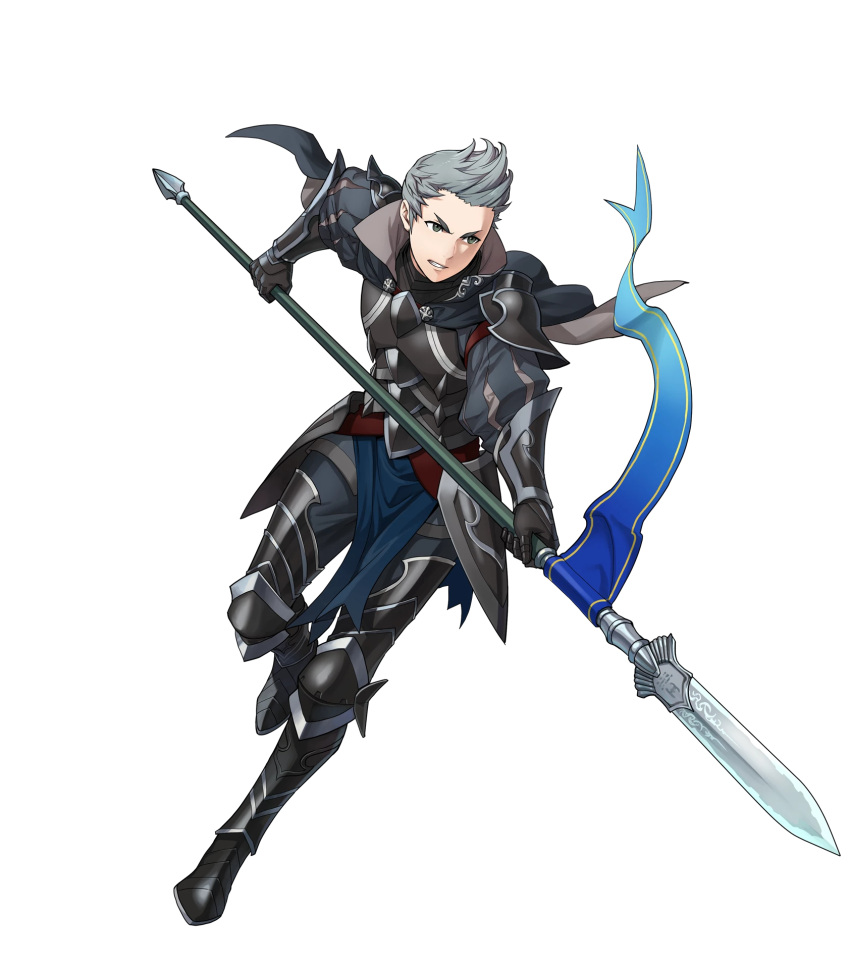 1boy armor armored_boots blue_hair boots cape fire_emblem fire_emblem_heroes fire_emblem_if flag full_body gloves green_eyes highres indesign male_focus nintendo official_art polearm silas_(fire_emblem_if) solo spear teeth transparent_background weapon