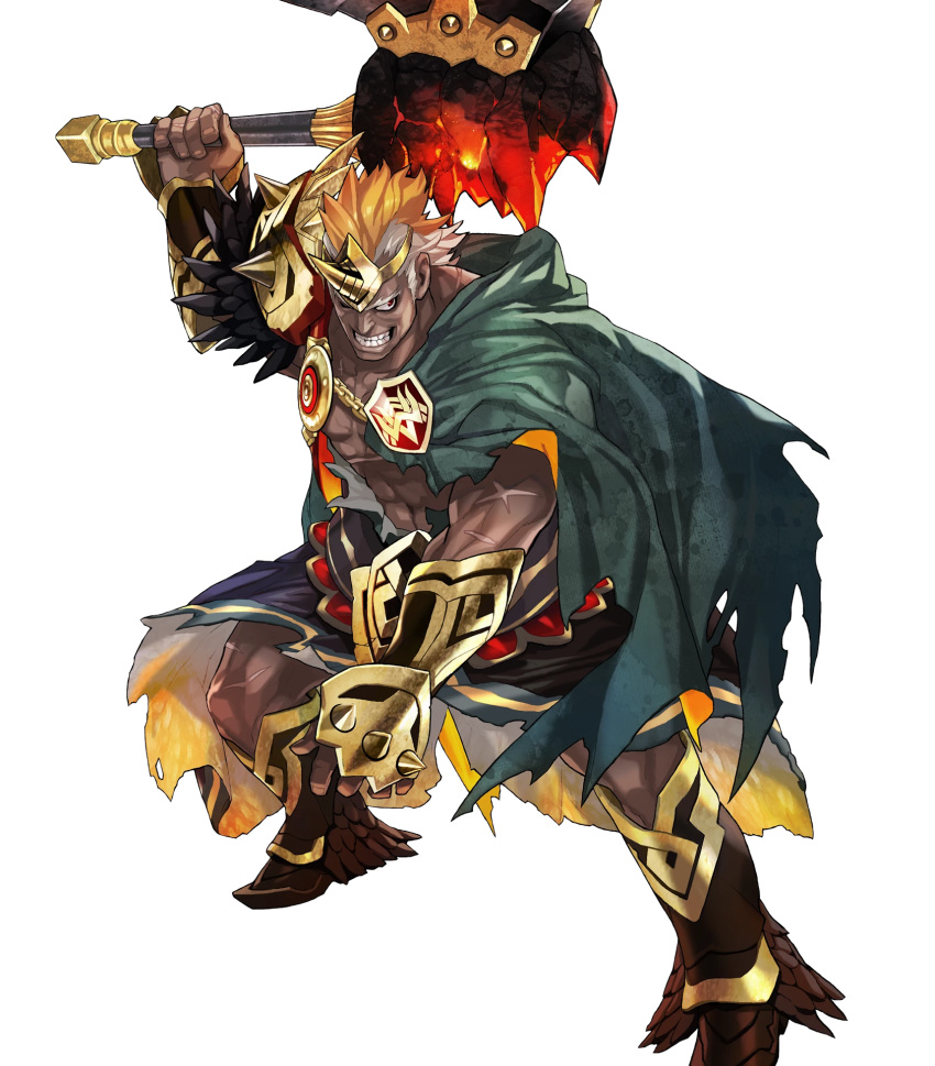 1boy abs axe blonde_hair boots dark_skin feathers fire_emblem fire_emblem_heroes full_body helbindi_(fire_emblem_heroes) highres horn maeshima_shigeki male_focus navel nintendo official_art red_eyes scar shirtless solo teeth torn_clothes transparent_background white_hair