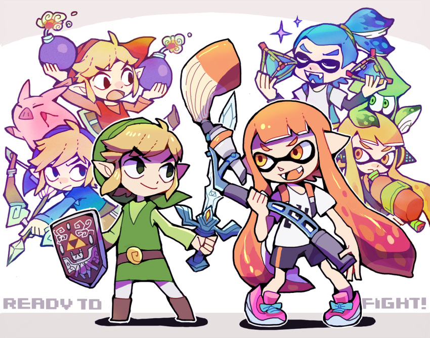 2girls 4boys arrow belt blonde_hair bomb boots bow_(weapon) fangs hat ink_tank_(splatoon) inkbrush_(splatoon) inkling link looking_at_another master_sword multiple_boys multiple_girls multiple_persona nintendo open_mouth pig pointy_ears shoes smile sneakers sparkle splat_bomb_(splatoon) splatoon splatoon_(series) splatoon_1 splattershot_(splatoon) standing super_smash_bros. super_smash_bros._ultimate sword teijiro tentacle_hair the_legend_of_zelda the_legend_of_zelda:_the_wind_waker toon_link weapon