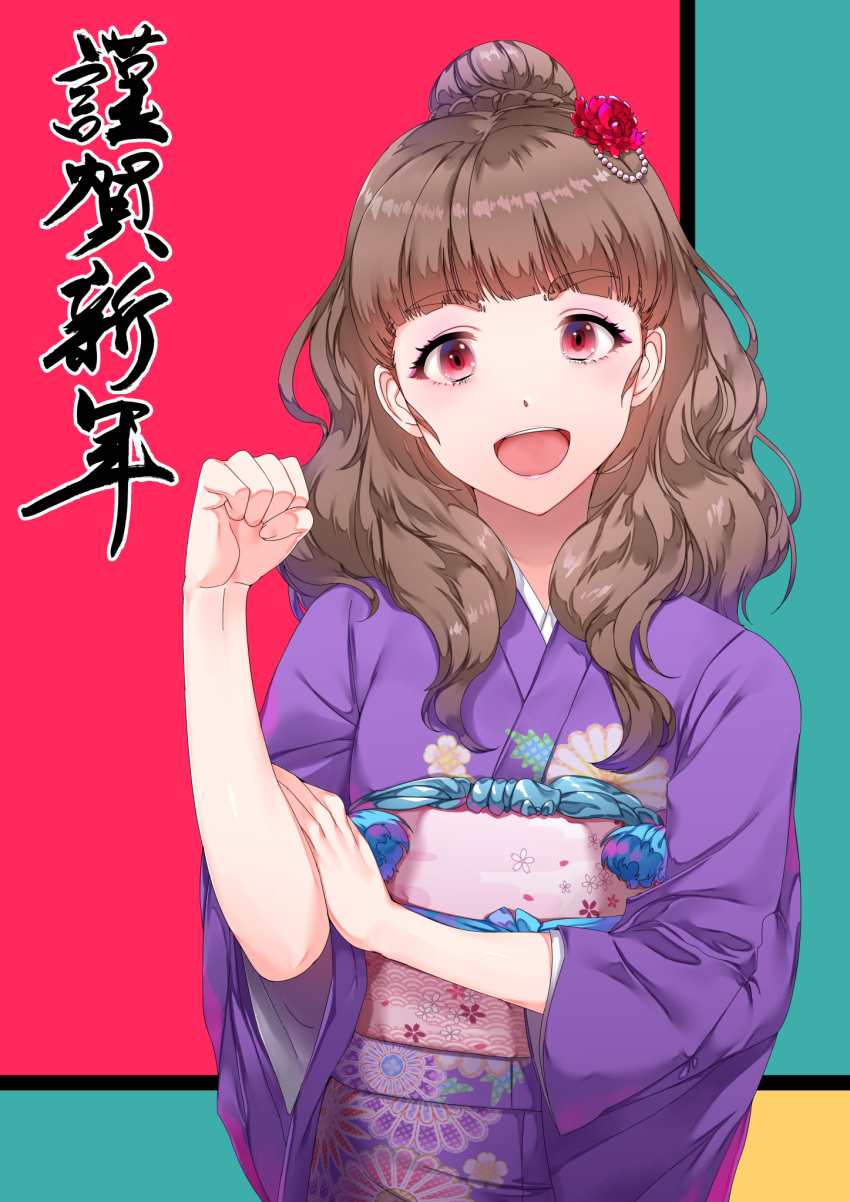 1girl :d bangs blunt_bangs brown_hair clenched_hand commentary_request eyebrows_visible_through_hair floral_print flower hair_bun hair_flower hair_ornament hand_on_own_arm hand_up highres idolmaster idolmaster_cinderella_girls japanese_clothes kamiya_nao kimono long_hair long_sleeves looking_at_viewer maou(demonlord) obi open_mouth print_kimono purple_kimono red_flower sash smile solo thick_eyebrows translated upper_body upper_teeth violet_eyes wide_sleeves
