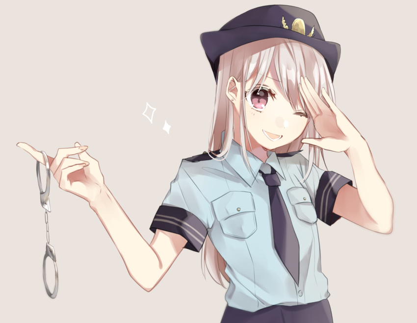 1girl ;d black_hat black_neckwear blue_shirt brown_background collared_shirt commentary_request cuffs fingernails hachimitsu_honey handcuffs hat head_tilt highres light_brown_hair long_hair looking_at_viewer necktie one_eye_closed open_mouth original police police_hat police_uniform policewoman red_eyes shirt short_sleeves simple_background smile solo sparkle uniform very_long_hair