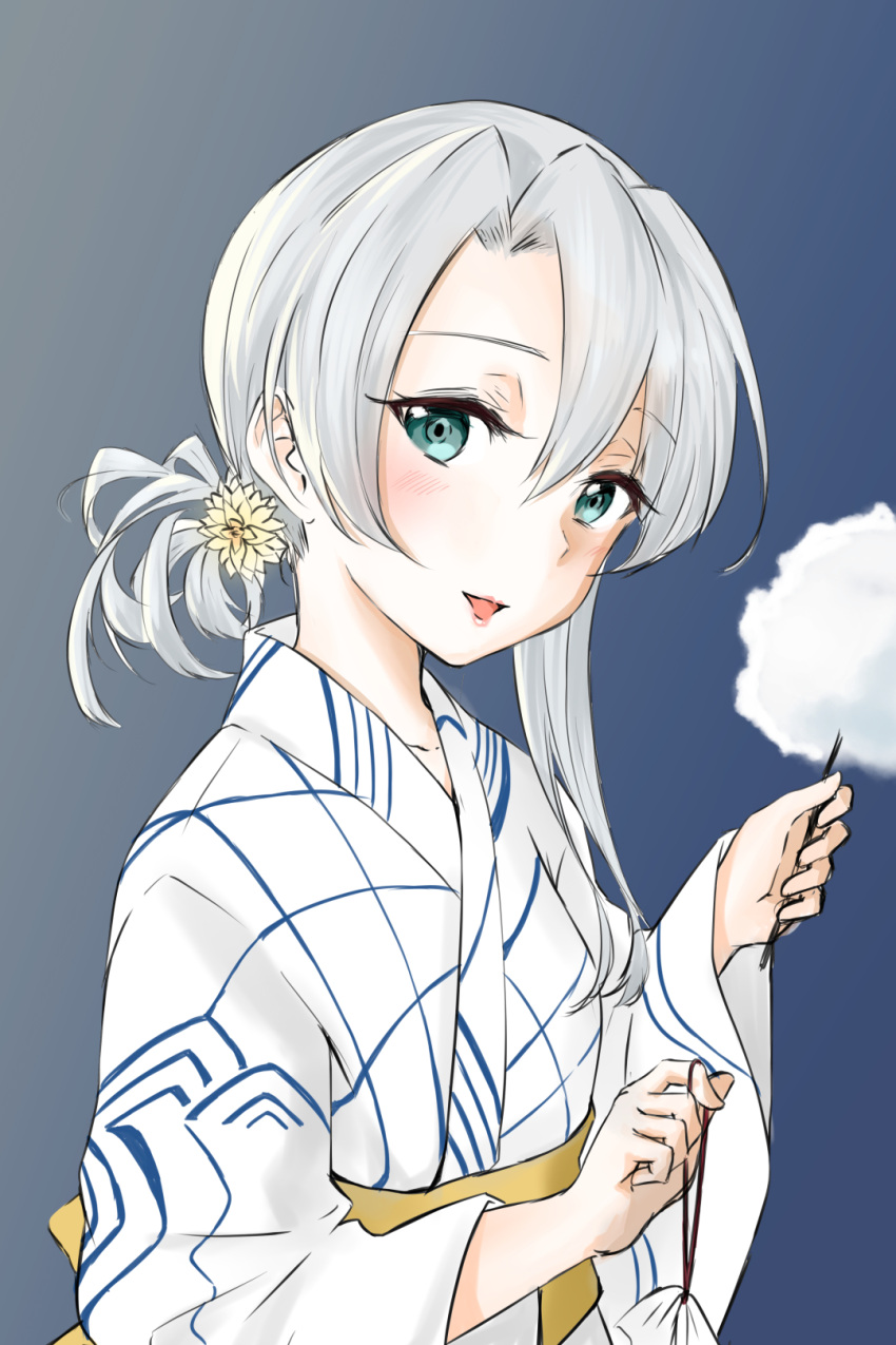 1girl :d aqua_eyes bangs blue_background cotton_candy eyebrows_visible_through_hair flower food gradient gradient_background hair_between_eyes hair_flower hair_ornament head_tilt highres holding holding_food japanese_clothes kantai_collection kimono long_hair long_sleeves looking_at_viewer low_ponytail nowaki_(kantai_collection) obi open_mouth patterned_clothing sash silver_hair smile solo umino_haruka_(harukaumino6) upper_body white_kimono wide_sleeves