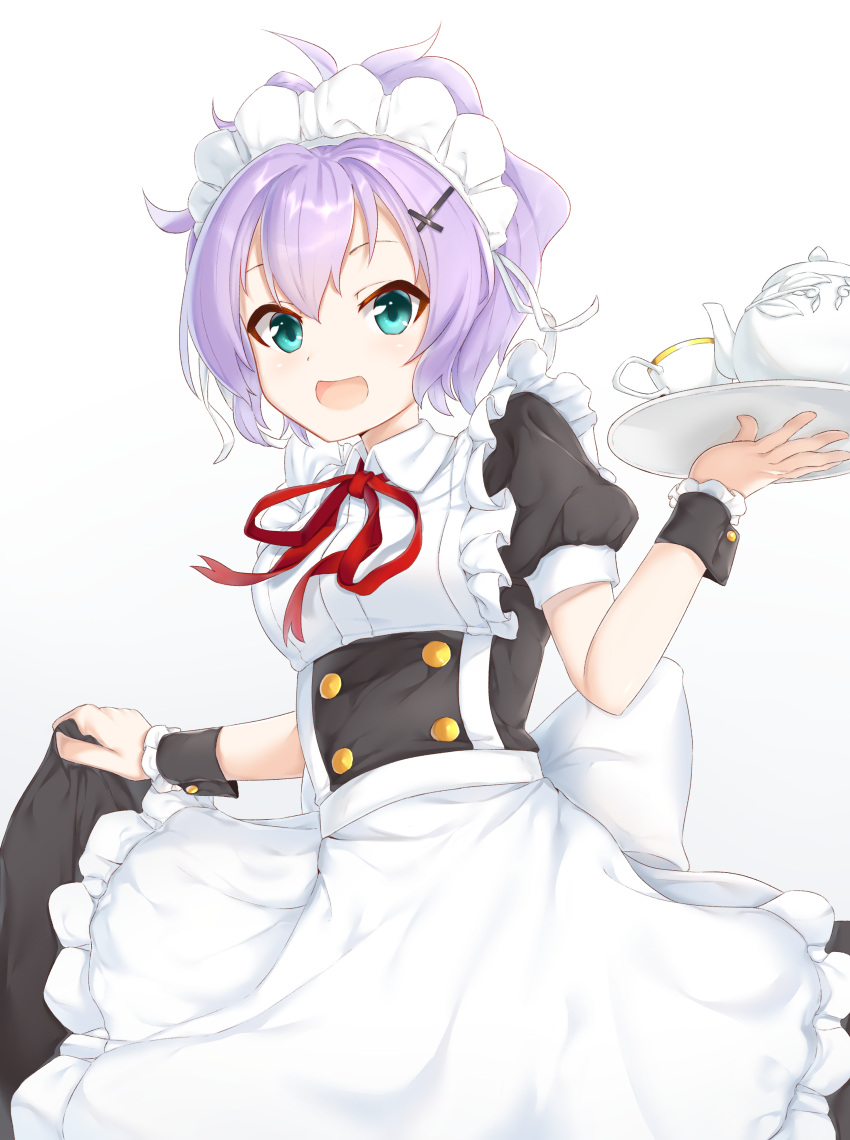 1girl :d absurdres alternate_costume apron azur_lane bangs black_dress breasts collared_shirt commentary_request cup dress enmaided eyebrows_visible_through_hair frilled_apron frills gradient gradient_background green_eyes grey_background hair_between_eyes hair_ornament highres holding holding_tray javelin_(azur_lane) kimidori3_karla looking_at_viewer maid maid_headdress neck_ribbon open_mouth puffy_short_sleeves puffy_sleeves purple_hair red_ribbon ribbon shirt short_sleeves skirt_hold small_breasts smile solo teacup teapot tray waist_apron white_apron white_background white_shirt wrist_cuffs