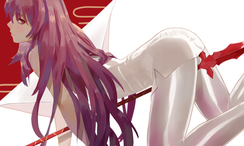 1girl all_fours arched_back ass bangs bare_shoulders between_legs blush china_dress chinese_clothes closed_mouth dress dutch_angle eyebrows_visible_through_hair fate/grand_order fate_(series) feet_out_of_frame from_side gae_bolg grey_dress grey_legwear long_hair looking_at_viewer looking_to_the_side profile purple_hair scathach_(fate)_(all) scathach_(fate/grand_order) side_slit sideways_glance sleeveless sleeveless_dress smile solo very_long_hair vic violet_eyes white_legwear