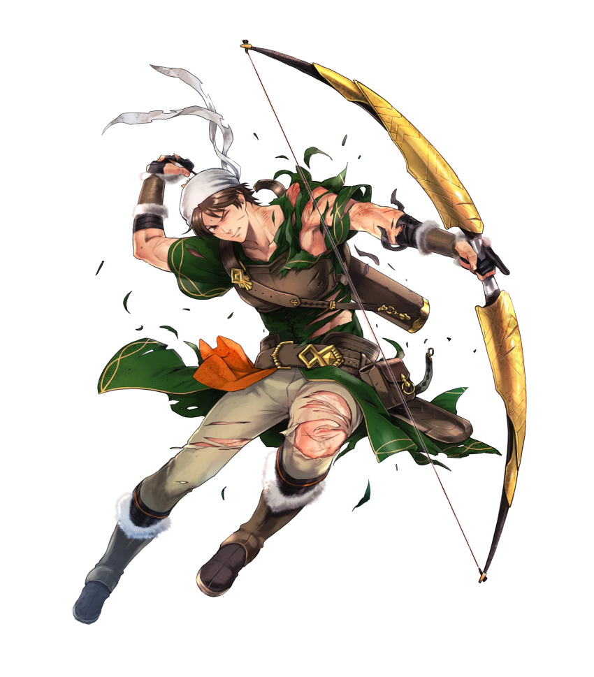 1boy arrow bandanna belt boots bow_(weapon) brown_hair facial_mark fingerless_gloves fire_emblem fire_emblem:_seisen_no_keifu fire_emblem_heroes forehead_mark full_body fur_trim gloves highres injury jamka_(fire_emblem) male_focus nintendo official_art one_eye_closed quiver solo suekane_kumiko teeth torn_clothes transparent_background weapon