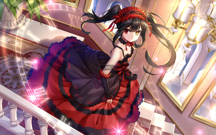 1girl asymmetrical_hair black_hair black_sleeves breasts choker clock clock_eyes date_a_live detached_sleeves dress floating_hair frilled_dress frills from_above gothic_lolita hairband heterochromia holding_dress indoors layered_dress lolita_fashion lolita_hairband long_dress long_hair looking_at_viewer neck_ribbon red_eyes red_ribbon ribbon sleeveless sleeveless_dress small_breasts smile solo stairs standing symbol-shaped_pupils tokisaki_kurumi twintails yellow_eyes ying_yue