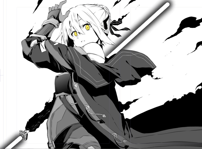 1girl artoria_pendragon_(all) bow braid cloak energy_sword fate/grand_order fate_(series) french_braid gauntlets greyscale hair_bow highres holding holding_weapon hood hooded_cloak monochrome mysterious_heroine_x_(alter) spot_color sword tsukamoto_minori weapon yellow_eyes