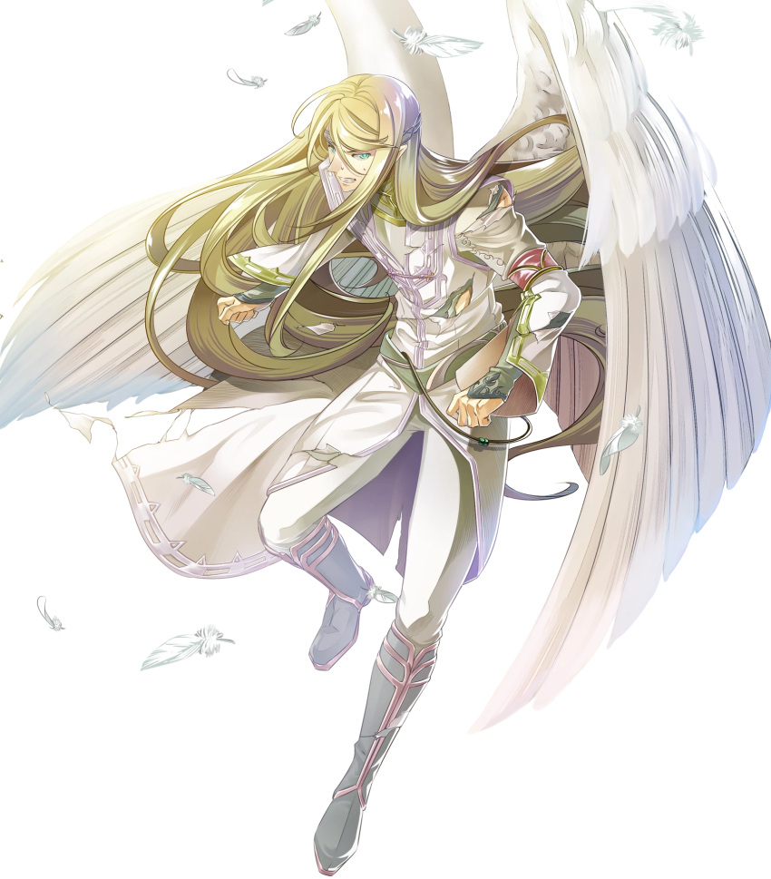 1boy belt blonde_hair boots circlet feathered_wings feathers fire_emblem fire_emblem:_akatsuki_no_megami fire_emblem:_souen_no_kiseki fire_emblem_heroes green_eyes highres long_hair male_focus nintendo official_art pointy_ears reyson solo teeth torn_clothes transparent_background wings