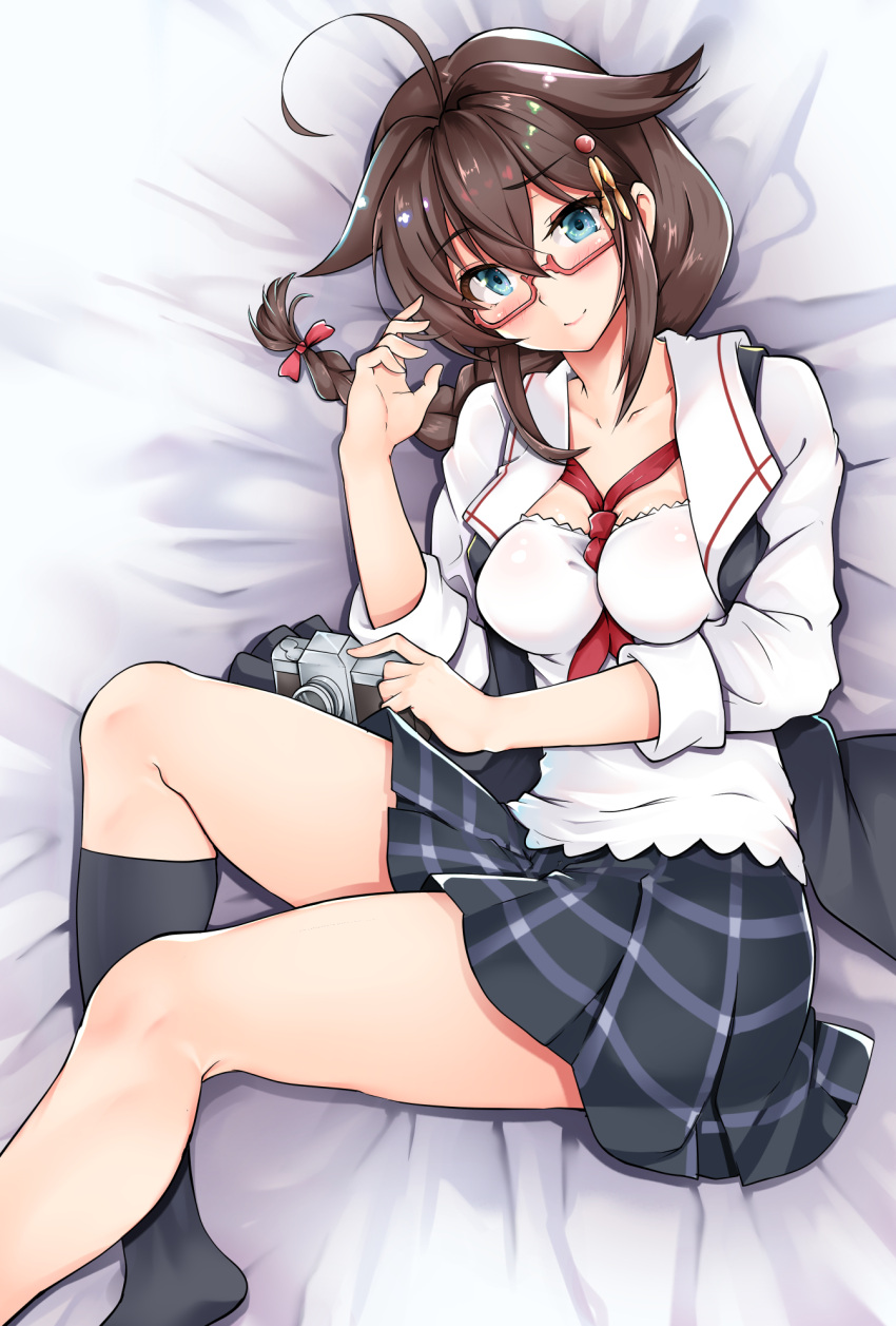 1girl ahoge alternate_costume bangs bed_sheet bespectacled black_legwear black_skirt black_vest blue_eyes blush breasts brown_hair camera closed_mouth collarbone commentary_request eyebrows_visible_through_hair from_above glasses hair_flaps hair_ornament hair_ribbon head_tilt highres impossible_clothes impossible_shirt kantai_collection kneehighs long_hair long_sleeves looking_at_viewer lying medium_breasts neckerchief no_shoes on_back open_clothes open_vest patterned_clothing plaid plaid_skirt red-framed_eyewear red_neckwear red_ribbon remodel_(kantai_collection) ribbon semi-rimless_eyewear sezoku shigure_(kantai_collection) shirt skirt sleeves_folded_up smile solo thighs under-rim_eyewear vest white_shirt