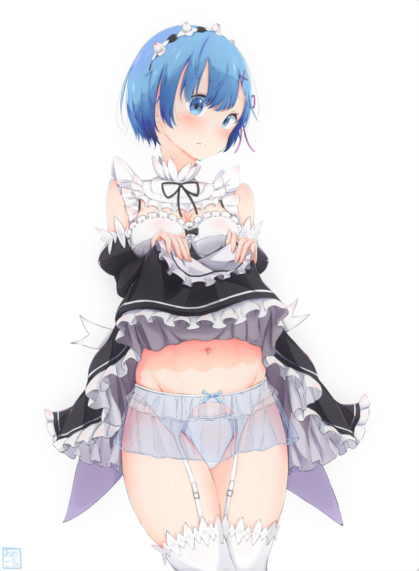 1girl absurdres amego artist_logo bangs black_dress black_neckwear blue_eyes blue_garter_belt blue_hair blue_panties blush breasts cleavage closed_mouth commentary_request cowboy_shot dated detached_sleeves dress dress_lift eyebrows_visible_through_hair frilled_dress frilled_garter_belt frills frown groin hair_ornament hair_over_one_eye head_tilt highres lace lace-trimmed_legwear lifted_by_self looking_at_viewer maid maid_headdress medium_breasts navel neck_ribbon panties purple_ribbon re:zero_kara_hajimeru_isekai_seikatsu rem_(re:zero) ribbon ribbon-trimmed_clothes ribbon_trim short_dress short_hair simple_background solo standing string_panties thigh-highs thighs underwear white_background white_legwear x_hair_ornament