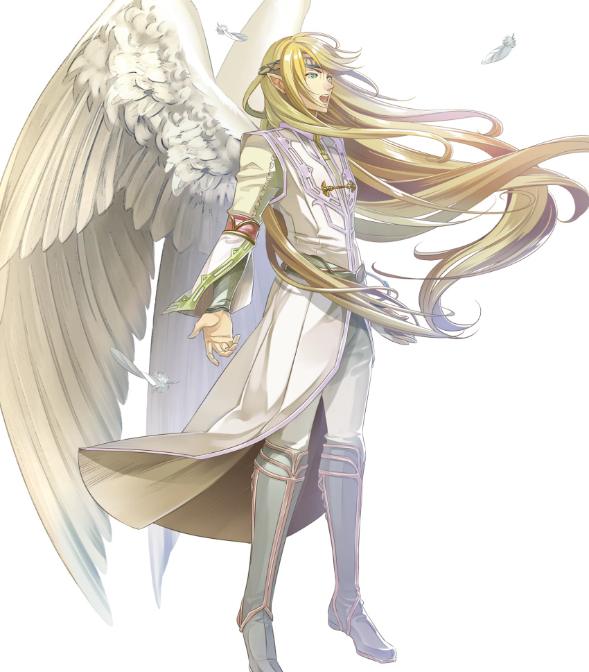 1boy belt blonde_hair boots circlet feathered_wings feathers fire_emblem fire_emblem:_akatsuki_no_megami fire_emblem:_souen_no_kiseki fire_emblem_heroes green_eyes highres long_hair male_focus nintendo official_art open_mouth pointy_ears reyson solo teeth transparent_background wings