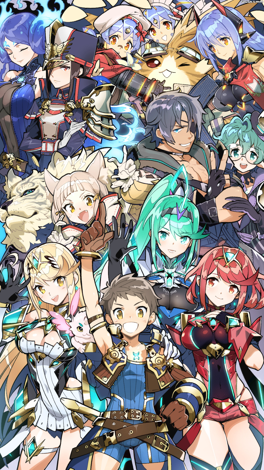 2boys 6+girls animal_ears blonde_hair blue_hair breasts brown_hair byakko_(xenoblade) cat_ears cleavage closed_eyes everyone fujimoto_hideaki glasses gloves green_hair hana_(xenoblade) hana_jd hana_jk hat highres mythra_(xenoblade) pyra_(xenoblade) kagutsuchi_(xenoblade) looking_at_viewer meleph_(xenoblade) military military_uniform multiple_boys multiple_girls multiple_persona nintendo niyah nopon pneuma_(xenoblade) redhead rex_(xenoblade_2) saika_(xenoblade) seiryuu_(xenoblade) smile tora_(xenoblade) uniform waving whisker_markings whiskers xenoblade_(series) xenoblade_2 zeke_b_arutimetto_genbu