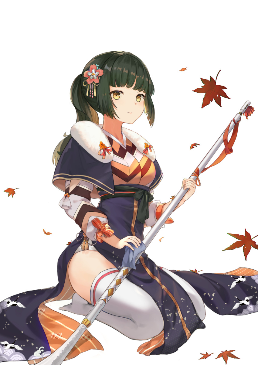1girl animal_print autumn_leaves bangs bird_print blue_capelet breasts capelet closed_mouth expressionless eyebrows_visible_through_hair flower food_fantasy fur_collar green_hair hair_flower hair_ornament highres holding holding_weapon japanese_clothes leaf long_hair long_sleeves looking_at_viewer maple_leaf mosta_(lo1777789) naginata no_shoes pelvic_curtain pink_flower polearm puffy_sleeves seigaiha seiza side_slit sidelocks simple_background sitting small_breasts solo tassel thigh-highs thighs weapon white_background white_legwear yellow_eyes
