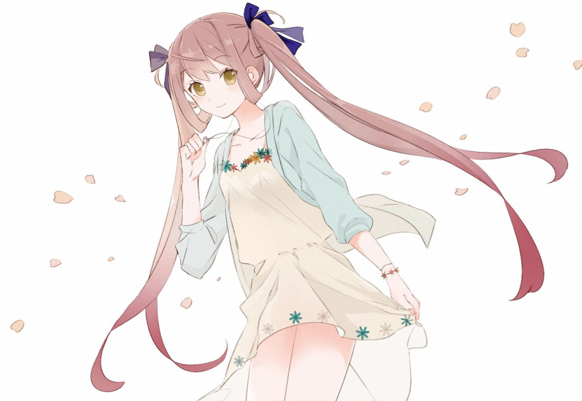 1girl asagumo_(kantai_collection) bangs blue_ribbon blush bracelet brown_hair cardigan closed_mouth collarbone dress eyebrows_visible_through_hair floral_print flower heart heart_necklace holding_necklace jewelry kantai_collection long_hair looking_at_viewer necklace petals ribbon shakemi_(sake_mgmgmg) simple_background smile solo twintails white_background yellow_eyes