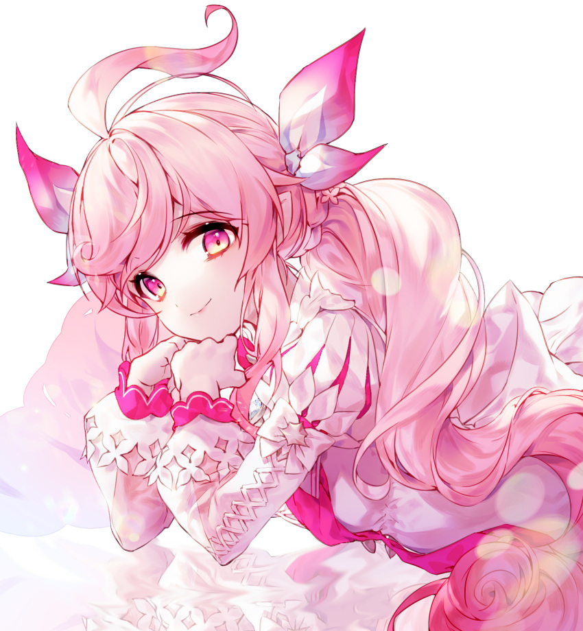 1girl ahoge black_joa elsword eyebrows_visible_through_hair fluffy highres laby_(elsword) lolita_fashion long_hair mirror pink_hair pointy_ears radiant_soul_(elsword) ribbon smile twintails very_long_hair