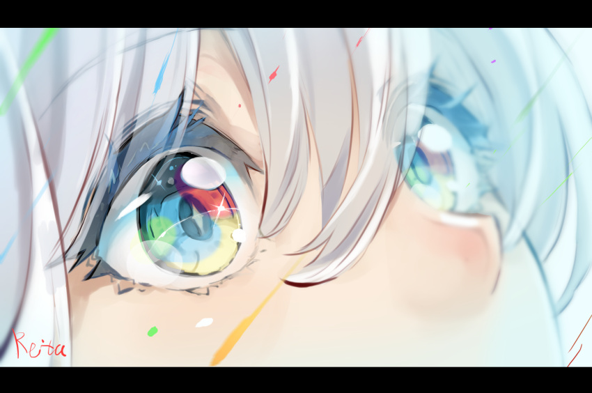 +_+ 1other androgynous bangs blue_eyes blurry blurry_background close-up depth_of_field eyebrows_visible_through_hair eyes hair_between_eyes hoshizaki_reita letterboxed looking_away multicolored multicolored_eyes original red_eyes signature silver_hair solo