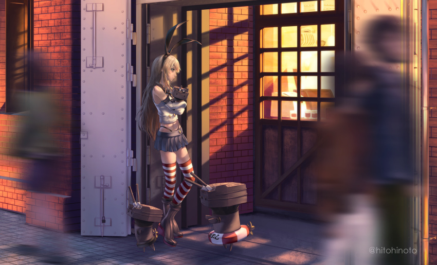 1girl black_panties blonde_hair blue_skirt brick_wall building crop_top elbow_gloves gloves hairband highleg highleg_panties highres hitohinoto kantai_collection lifebuoy long_hair microskirt outdoors panties rensouhou-chan sailor_collar shimakaze_(kantai_collection) skirt standing striped striped_legwear thigh-highs thong underwear white_gloves window