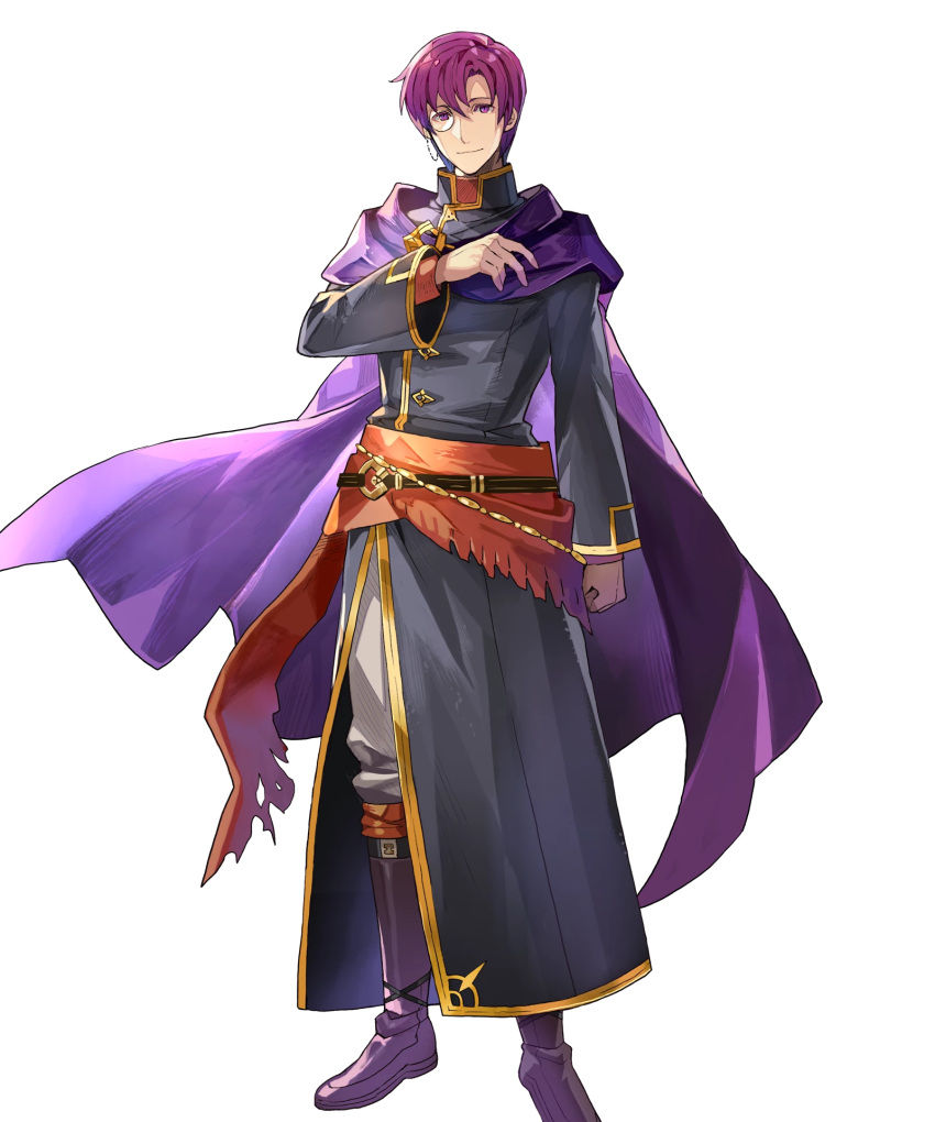 1boy belt boots canas cape fire_emblem fire_emblem:_rekka_no_ken fire_emblem_heroes full_body highres male_focus monocle nintendo official_art purple_hair solo tobi_(kotetsu) transparent_background violet_eyes