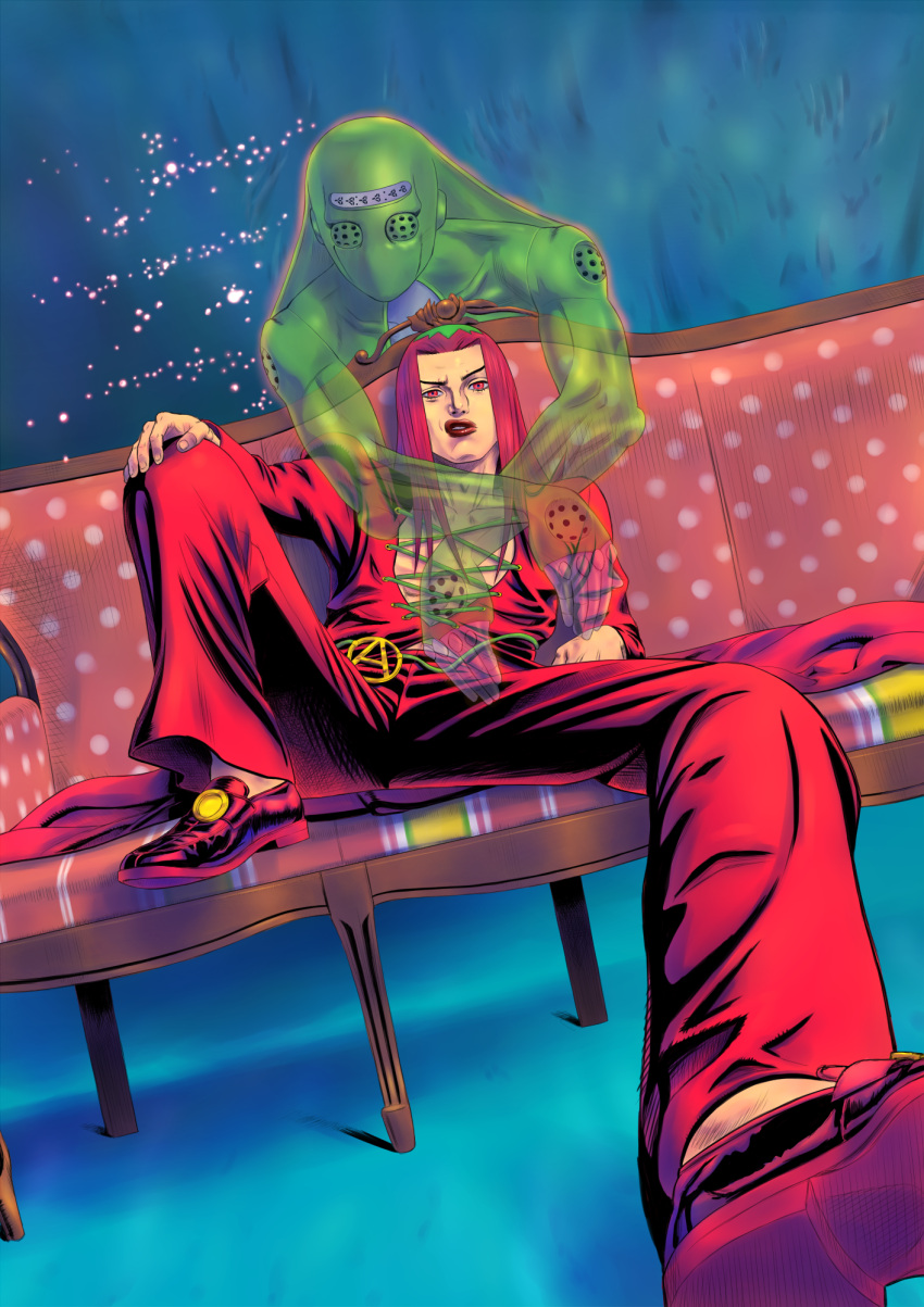 1boy breasts couch dutch_angle foreshortening hat highres jojo_no_kimyou_na_bouken keiimajima02 large_breasts leone_abbacchio lipstick long_hair makeup male_focus moody_blues_(stand) red_eyes red_lipstick redhead sitting solo spread_legs stand_(jojo) vento_aureo