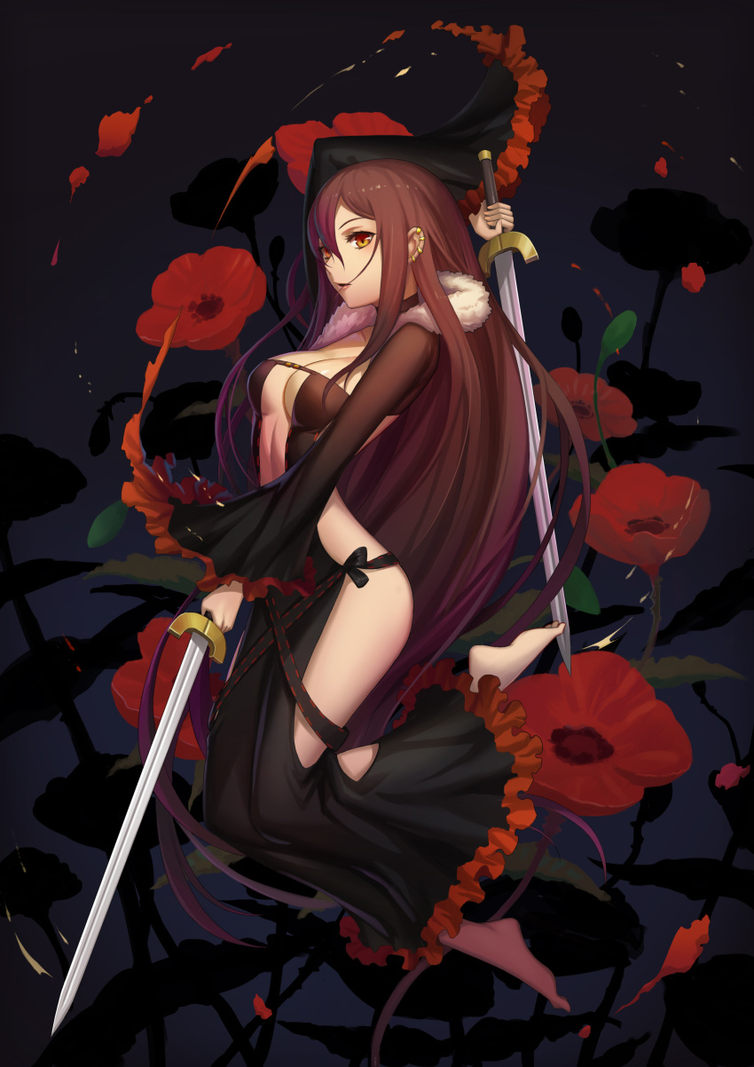 1girl absurdres bangs barefoot black_dress black_hair breasts choker commentary_request consort_yu_(fate) dress dual_wielding ear_piercing fate/grand_order fate_(series) flower fur_trim gy_(l964625780) hair_between_eyes highres holding holding_sword holding_weapon long_hair long_sleeves looking_at_viewer medium_breasts piercing red_eyes red_flower revealing_clothes solo strapless strapless_dress sword very_long_hair weapon yellow_eyes