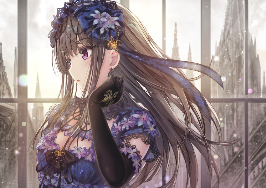 1girl bangs black_gloves blue_dress breasts brown_hair clouds cloudy_sky commentary_request dress elbow_gloves eyebrows_visible_through_hair flower gloves hand_up head_tilt highres long_hair missile228 original overcast parted_lips purple_flower sky small_breasts solo tower upper_body very_long_hair violet_eyes window