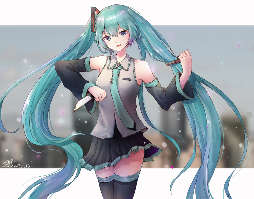 1girl adjusting_hair aqua_eyes aqua_hair bare_shoulders blush breasts chinese_commentary commentary_request cowboy_shot detached_sleeves fang hair_ornament hair_ornament_removed hatsune_miku highres holding holding_knife knife liuli88 long_hair necktie painttool_sai skirt small_breasts smile standing thigh-highs very_long_hair vocaloid zettai_ryouiki