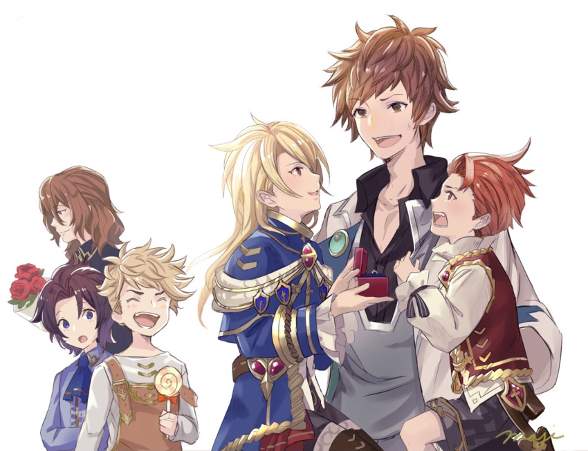 5boys aglovale_(granblue_fantasy) black_hair blonde_hair bouquet candy child crying doctor_(granblue_fantasy) flower food gran_(granblue_fantasy) granblue_fantasy jewelry lancelot_(granblue_fantasy) lollipop long_hair looking_down maji_(eau-fumeuse0207) multiple_boys overalls percival_(granblue_fantasy) proposal redhead ring ring_box shorts siegfried_(granblue_fantasy) simple_background vane_(granblue_fantasy) yaoi younger