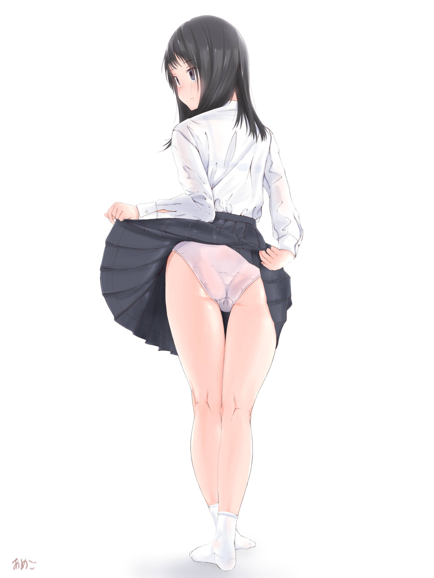 1girl absurdres amego artist_name ass bangs black_skirt blush bralines closed_mouth crotch_seam dress_shirt eyebrows_visible_through_hair from_behind frown full_body highres kneepits legs lifted_by_self long_sleeves looking_back medium_hair no_shoes original panties pink_panties pleated_skirt school_uniform shadow shirt signature simple_background skirt skirt_lift socks solo standing thigh_gap underwear uniform white_background white_legwear white_shirt