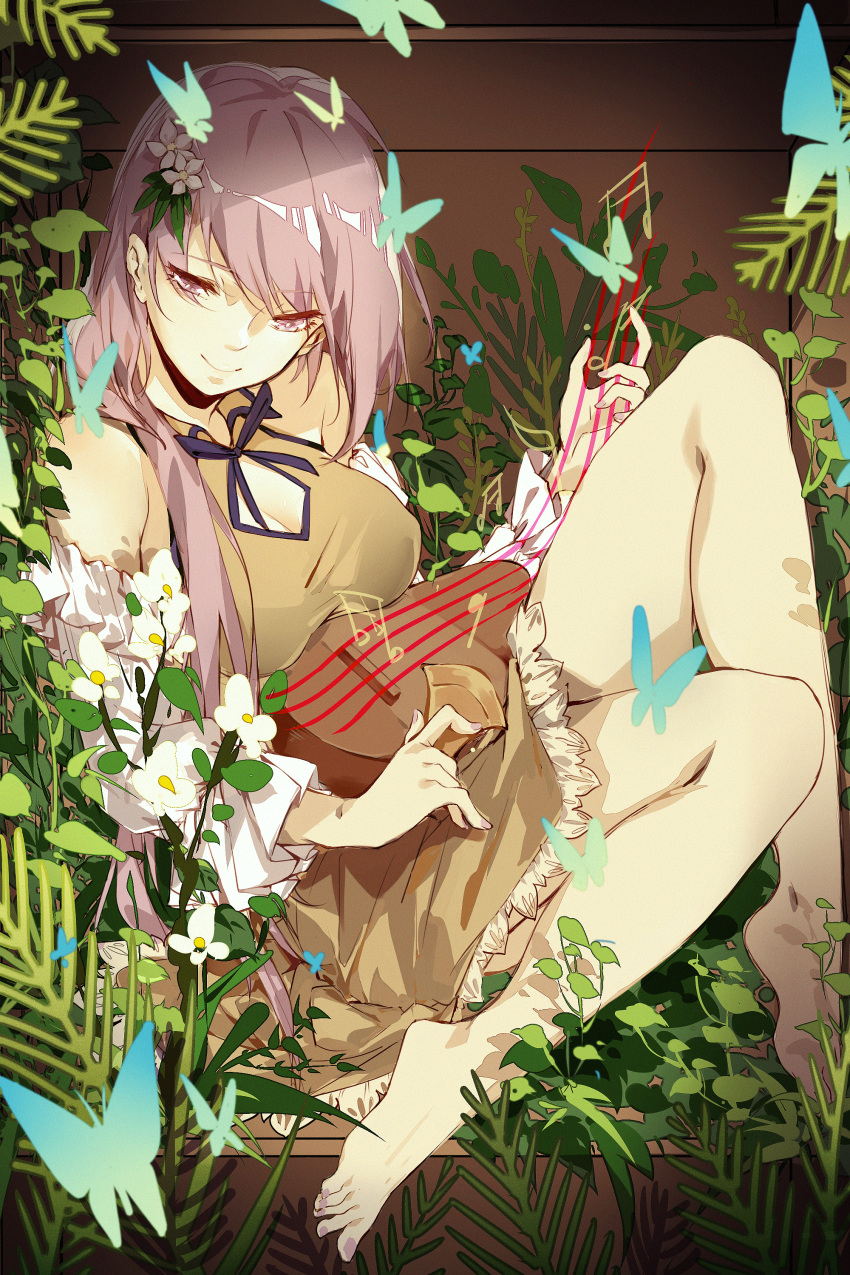 1girl absurdres bangs bare_legs bare_shoulders barefoot black_neckwear black_ribbon breasts brown_dress bug butterfly cleavage cleavage_cutout closed_mouth detached_sleeves dress eyebrows_visible_through_hair feet flower hair_flower hair_ornament highres insect instrument kagari6496 knee_up large_breasts long_hair long_sleeves looking_at_viewer music musical_note nail_polish neck_ribbon plant playing_instrument purple_hair purple_nails ribbon sitting smile solo toenail_polish touhou tsukumo_benben violet_eyes white_flower