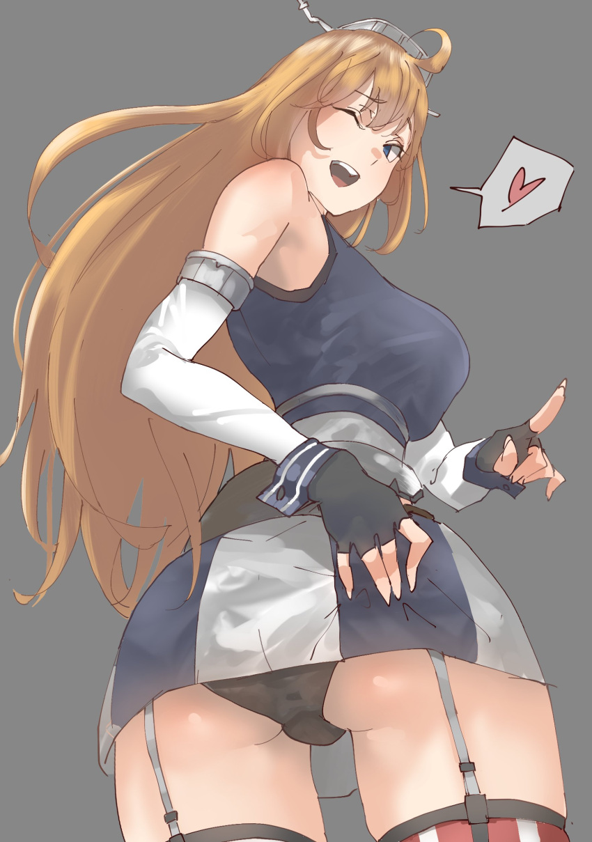 1girl absurdres ahoge ass bare_shoulders black_gloves black_panties blonde_hair blush breasts fingerless_gloves from_behind from_below garter_straps gloves grey_background hand_on_own_ass hat heart highres iowa_(kantai_collection) kantai_collection large_breasts long_hair looking_back one_eye_closed open_mouth panties pantyshot pantyshot_(standing) simple_background solo spoken_heart standing striped striped_legwear teeth thigh-highs twisted_torso two-tone_gloves two-tone_skirt underwear upper_body uru_(uru0000) v white_gloves