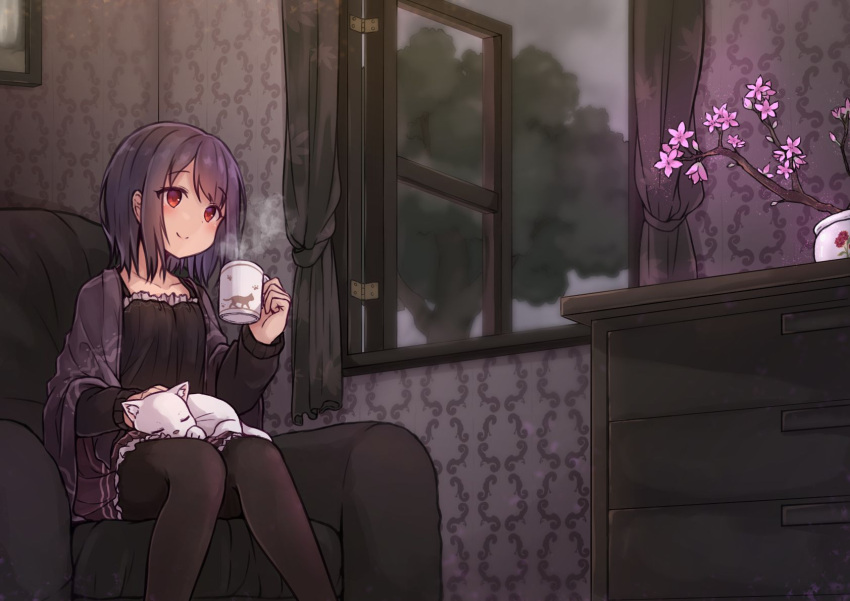 1girl animal bangs black_hair black_legwear black_shirt blanket blush cat chair closed_mouth coffee_mug collarbone cup curtains evening eyebrows_visible_through_hair feet_out_of_frame flower frilled_shirt frilled_skirt frills hand_up highres holding holding_cup indoors long_sleeves looking_away maka_neko miniskirt mug original pantyhose pink_flower plant pleated_skirt potted_plant red_eyes shirt short_hair sidelocks sitting skirt smile solo spaghetti_strap steam tree white_cat window