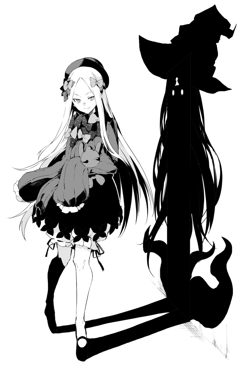 1girl abigail_williams_(fate/grand_order) absurdres bloomers bow different_shadow dress fate/grand_order fate_(series) greyscale hair_bow hat highres long_hair monochrome sleeves_past_fingers sleeves_past_wrists smile stuffed_animal stuffed_toy teddy_bear tentacle tsukamoto_minori underwear witch_hat