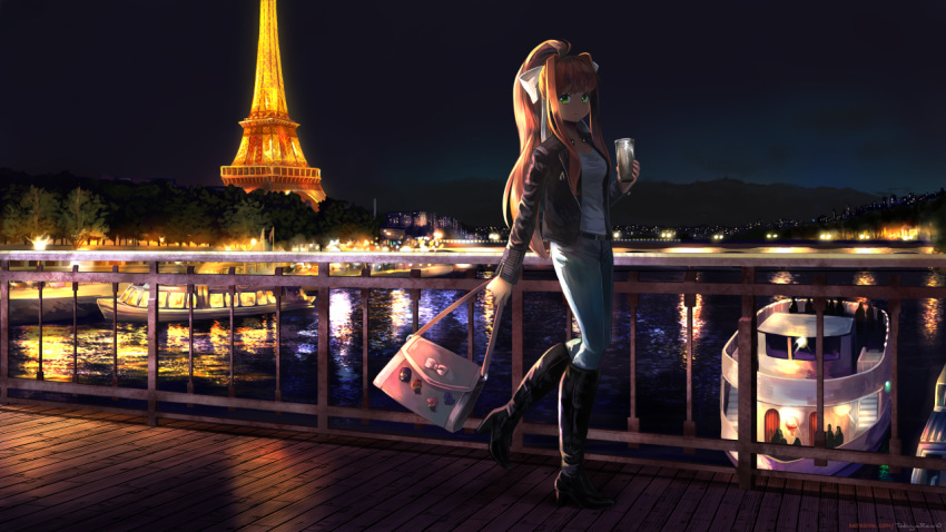 1girl bag belt boat boots bridge brown_hair character_pin denim doki_doki_literature_club eiffel_tower green_eyes hair_ribbon handbag high_heel_boots high_heels jacket jeans lamppost leather leather_jacket monika_(doki_doki_literature_club) natsuki_(doki_doki_literature_club) night pants paris ribbon river sayori_(doki_doki_literature_club) seine_river shirt solo takuyarawr tree watercraft white_ribbon white_shirt yuri_(doki_doki_literature_club)