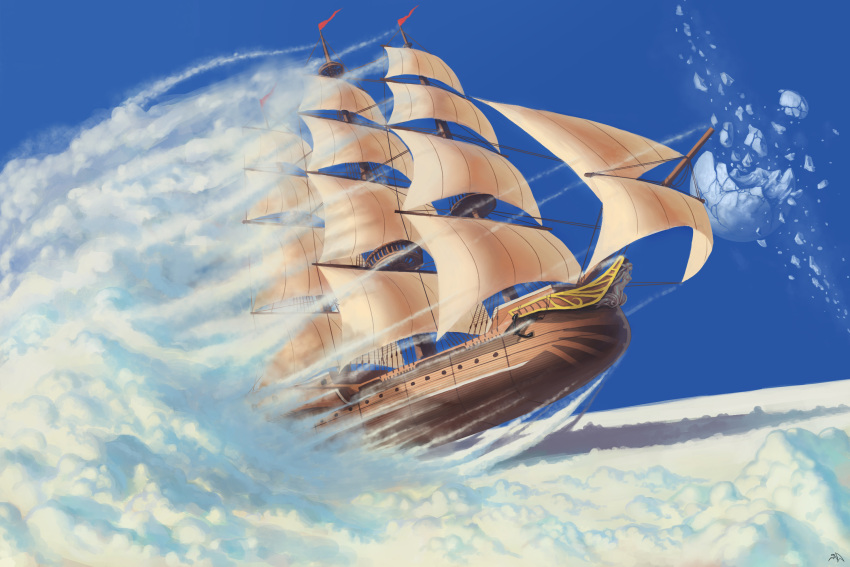 blue_sky clouds darkmuleth fantasy highres no_humans planet ship signature sky watercraft