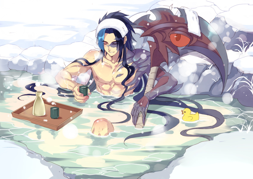 absurdres aduan bandage blue_hair bottle closed_eyes cup eyebrows_visible_through_hair floating floating_hair highres holding holding_cup in_water kayn league_of_legends lens_flare light_blue_hair multicolored_hair muscle onsen red_eyes rock rubber_duck sake_bottle scythe sitting snow steam towel towel_on_head water water_surface weapon wet